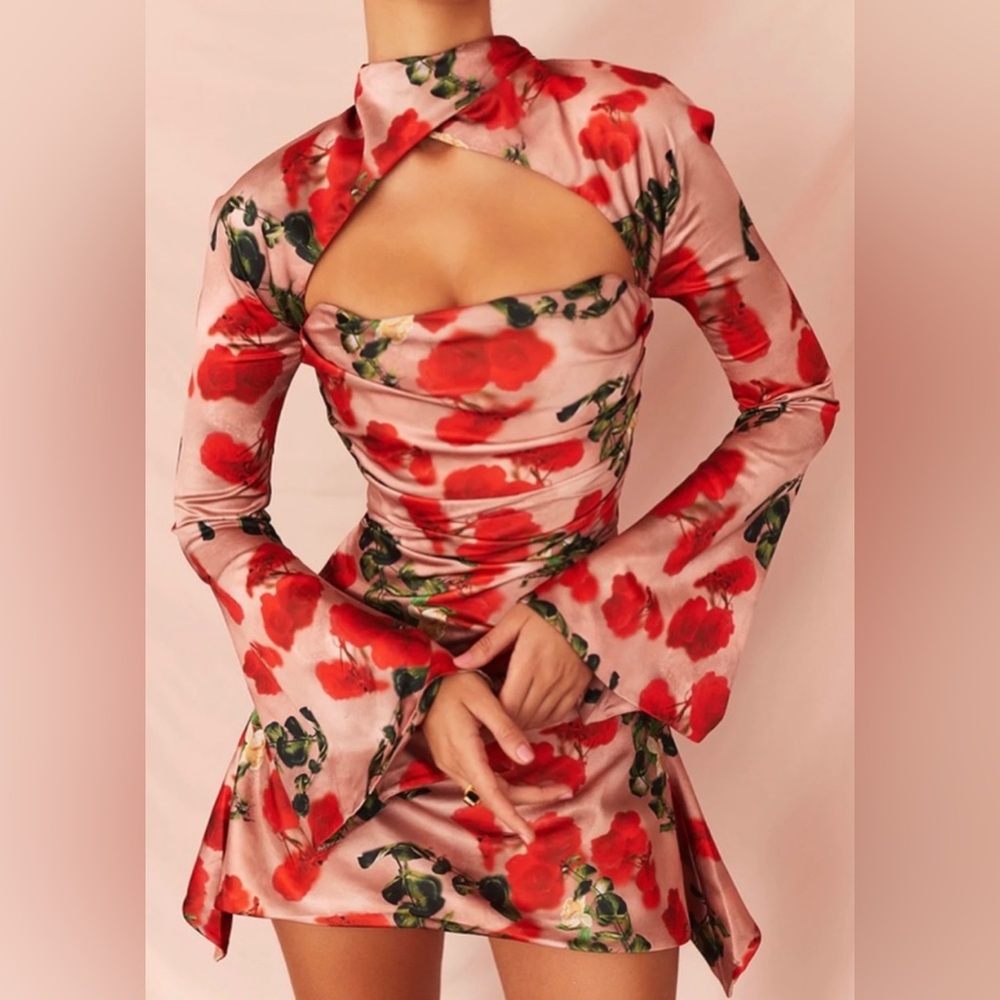 HOUSE OF CB 'Toira' Rose Print Draped Corset Dress. Size Small.